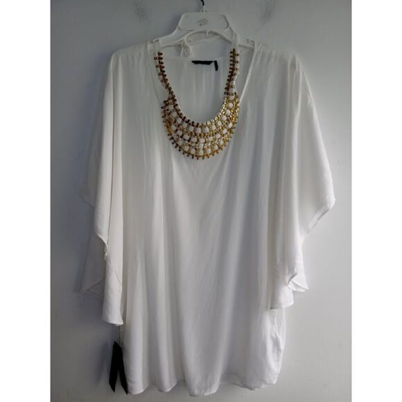 NWT Guess by Marciano Women White w/Gold Beading Kaftan Swim Cover Up XS/Small - Picture 1 of 11